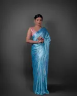Sky Blue Printed Satin Silk Saree - Image 2