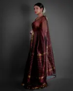 Coffee Brown Chequered Handwoven Mangalagiri Silk Saree - Image 3