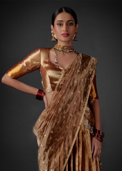 Front view of a model showcasing a Molten Gold Tissue Silk Half Saree Set with Dupatta and Blouse, Suitable for cultural festivities By Mirra Clothing
