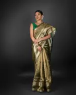 Olive Green Crushed Tissue Silk Saree - Image 2