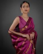 Front view of a model showcasing a Magenta Handwoven Mangalagiri Silk Saree, Suitable For Festivals & Religious Celebrations