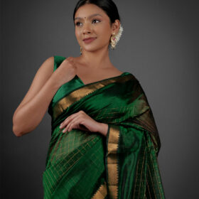 Front view of a model showcasing a Bottle Green Chequered Handwoven Mangalagiri Silk Saree, Suitable for Weddings & Receptions by Mirra Clothing