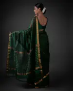 Bottle Green Chequered Handwoven Mangalagiri Silk Saree - Image 4