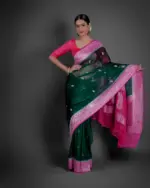 Bottle Green Chiffon Silk Saree with Kadwa Zari Buttis - Image 3