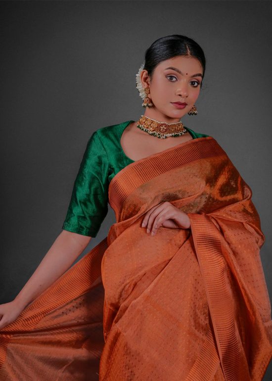 Close up view of a model showcasing Copper Tissue Silk Saree with Self Design Border, Suitable for occasions By Mirra Clothing