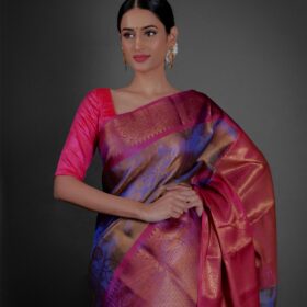 Close up view of a model showcasing Purple Tissue Kora Silk Saree with contrast border, Cheerful outfits for gatherings By Mirra Clothing