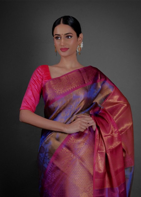Close up view of a model showcasing Purple Tissue Kora Silk Saree with contrast border, Cheerful outfits for gatherings By Mirra Clothing