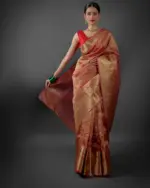 Red Crushed Semi Tissue Silk Saree With Gold Zari Weaves - Image 5