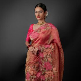 Pink Crushed Tissue Silk Saree with Cutwork Embroidery