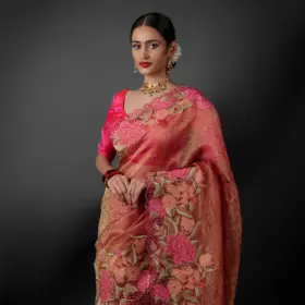 Pink Crushed Tissue Silk Saree with Cutwork Embroidery