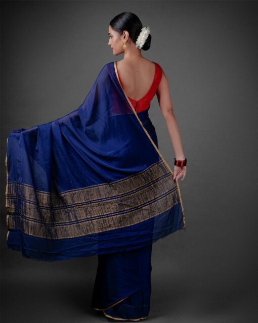 Back view of a model showcasing Navy Blue Chiffon Silk Saree , Suited for everyday activities By Mirra Clothing
