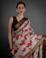 Red Kalamkari Printed Mangalagiri Silk Saree - Image 2