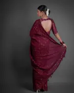 Wine Georgette Saree With sequins Embroidery - Image 4