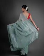 Turquoise Tissue Silk Saree with Silver Zari - Image 4