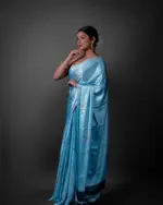 Sky Blue Printed Satin Silk Saree - Image 3