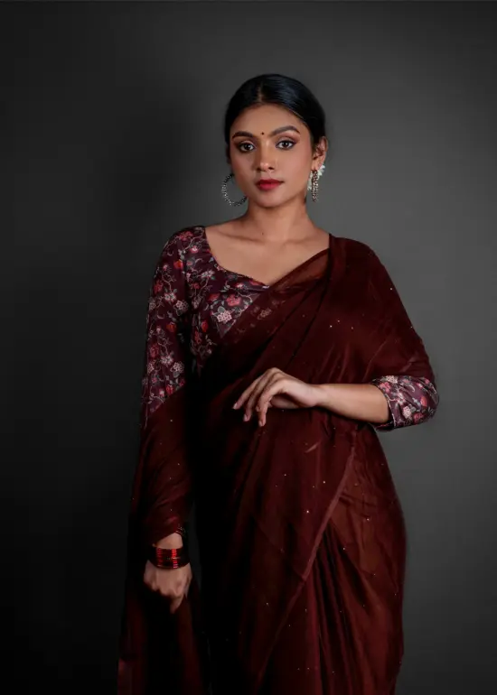 "Close-up of a delicate chiffon saree featuring Badle Work patterns by Mirra Clothing