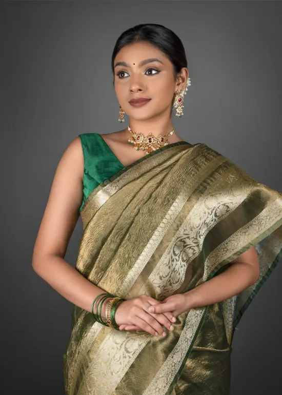 Olive Green Crushed Tissue Silk Saree