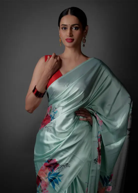 Close up view of a model showcasing Sea Green Printed Satin Saree , Relaxed style for everyday outings by Mirra Clothing