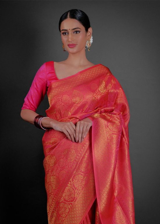Pink Banarasi Silk Saree with Gold Zari Weaves