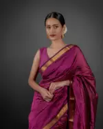 Front view of a model showcasing a Magenta Handwoven Mangalagiri Silk Saree, Suitable For Weddings & Receptions