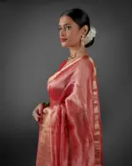 Red  Tissue Silk Saree with Gold Zari Border - Image 3