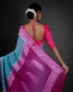 Mint Blue Pure Khaddi Banarasi Silk Saree in Chiffon woven in Silver Zari - Image 3