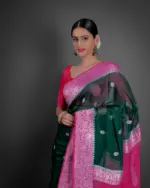 Bottle Green Chiffon Silk Saree with Kadwa Zari Buttis