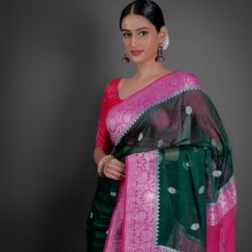 Bottle Green Chiffon Silk Saree with Kadwa Zari Buttis