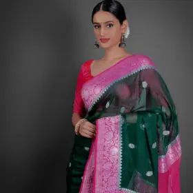 Bottle Green Chiffon Silk Saree with Kadwa Zari Buttis