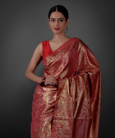 Close up view of a model showcasing Red Banarasi Silk Saree with Gold Zari Weaves , Suitable for Festive occasions By Mirra Clothing