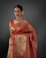 Red Crushed Semi Tissue Silk Saree With Gold Zari Weaves