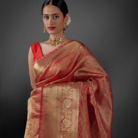 Red Crushed Tissue Silk Saree