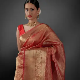 Red Crushed Semi Tissue Silk Saree With Gold Zari Weaves