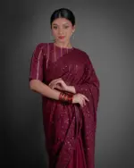 Wine Georgette Saree With sequins Embroidery