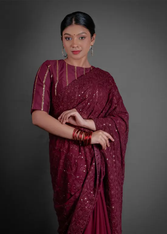 Wine Georgette Saree With sequins Embroidery