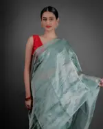 Turquoise Tissue Silk Saree with Silver Zari - Image 2