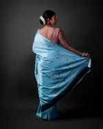 Sky Blue Printed Satin Silk Saree - Image 4