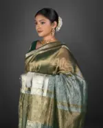 Olive Green Crushed Tissue Silk Saree - Image 3