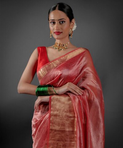Red  Tissue Silk Saree with Gold Zari Border