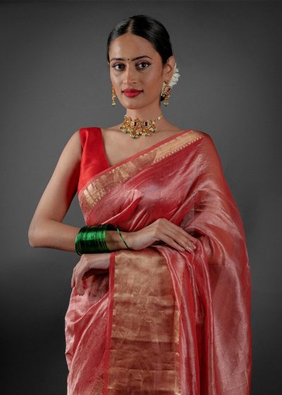 Red  Tissue Silk Saree with Gold Zari Border