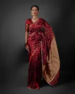 Maroon Dual Tone Tissue Silk Saree highlighted with Zari Motifs and Gota Border - Image 2