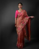 Pink Crushed Tissue Silk Saree with Cutwork Embroidery - Image 2