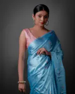 Sky Blue Printed Satin Silk Saree