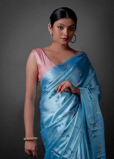 Sky Blue Printed Satin Silk Saree