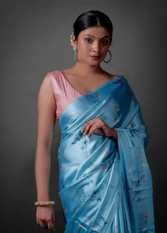 Sky Blue Printed Satin Silk Saree