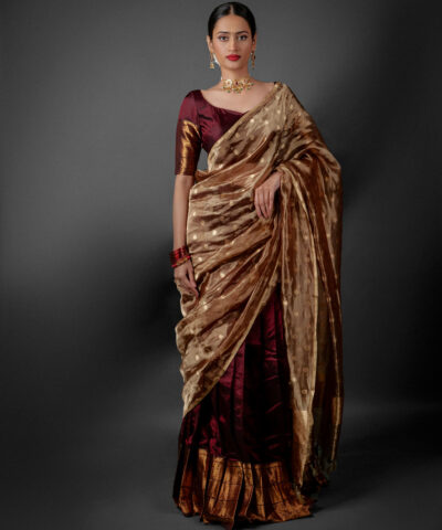 Front view of a model showcasing a Coffee Brown Silk Half Saree Set with Tissue Silk Dupatta, Designed for traditional festivals By Mirra Clothing