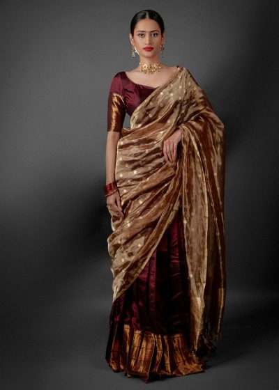 Front view of a model showcasing a Coffee Brown Silk Half Saree Set with Tissue Silk Dupatta, Designed for traditional festivals By Mirra Clothing
