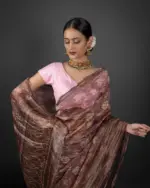 Brown Printed Crushed Tissue Silk Saree - Image 3