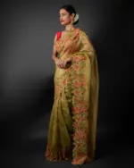 Green Crushed Tissue Silk Saree with Cutwork Embroidery - Image 3