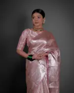 "Close up view of a model showcasing Blush Pink Brocade Tissue Silk Saree , Suited for stylish events. By Mirra Clothing